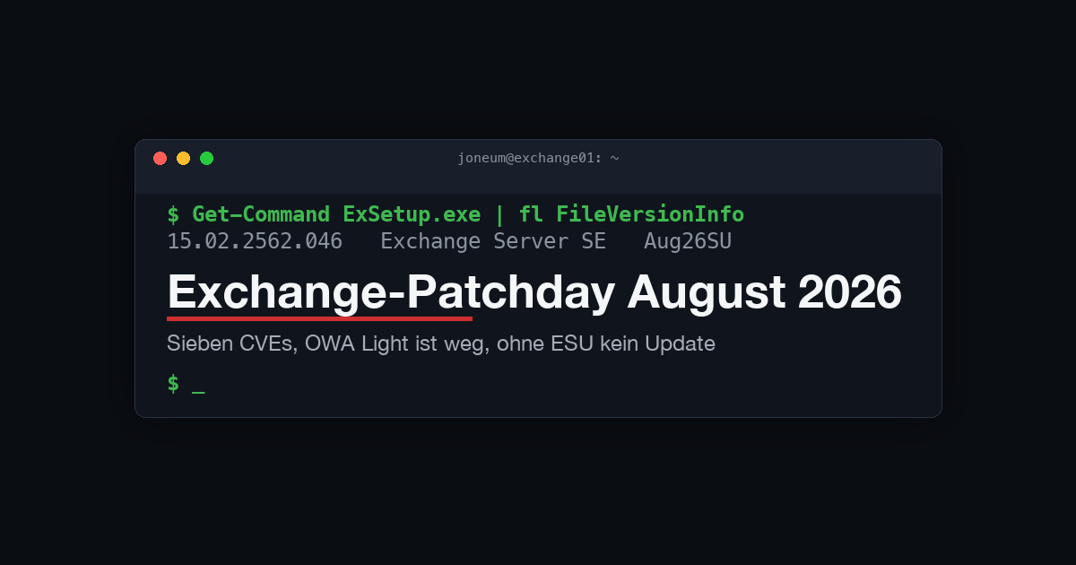 Terminalfenster mit dem Titel Exchange-Patchday August 2026