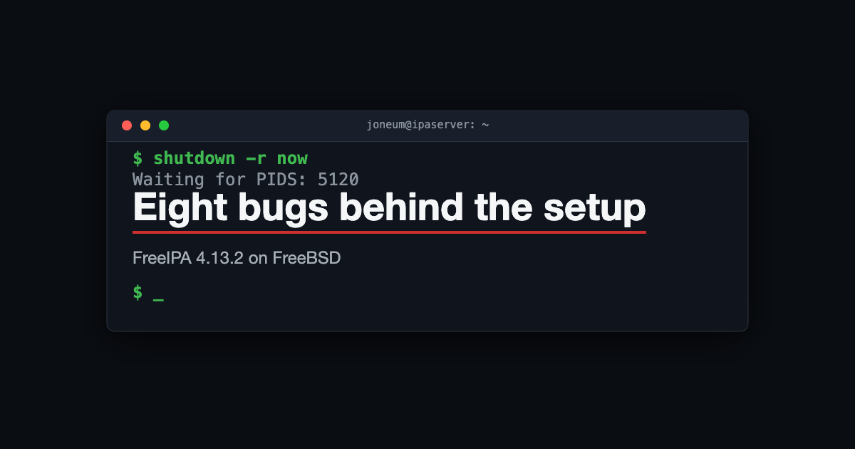 Terminal window, shutdown hanging at Waiting for PIDS, headline Eight bugs behind the setup
