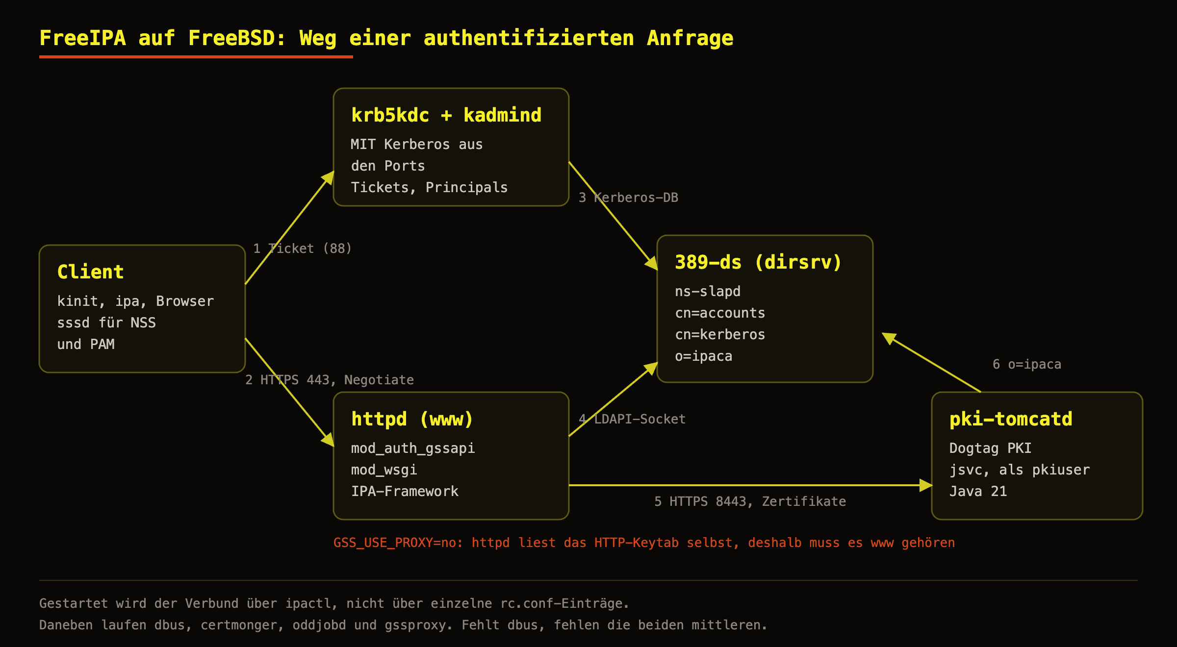 Schaubild mit fünf Diensten: Client, krb5kdc, httpd, 389-ds und pki-tomcatd, dazu die Wege dazwischen