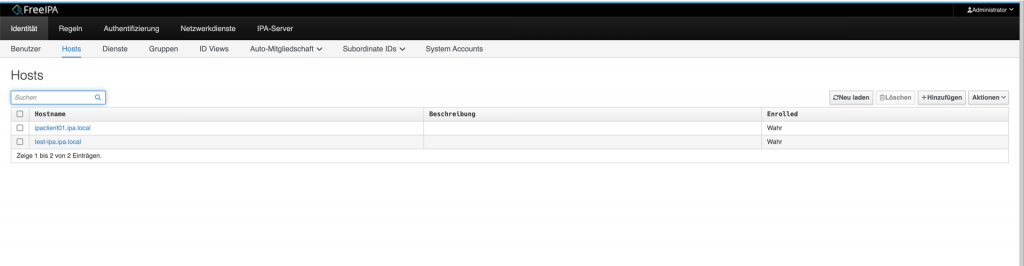 FreeIPA hosts overview, server and client enrolled