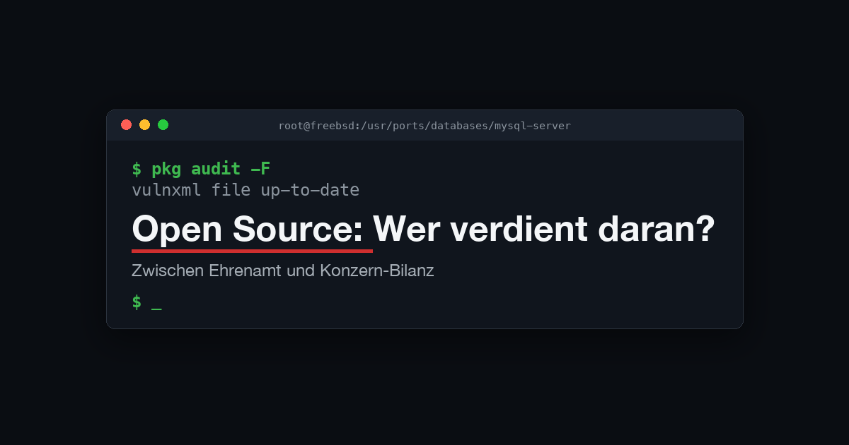Terminal-Fenster im Blog-Coverstil mit dem Titel "Open Source: Wer verdient daran?"