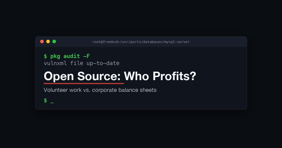 Terminal window in the blog cover style with the title "Open Source: Who Profits?"