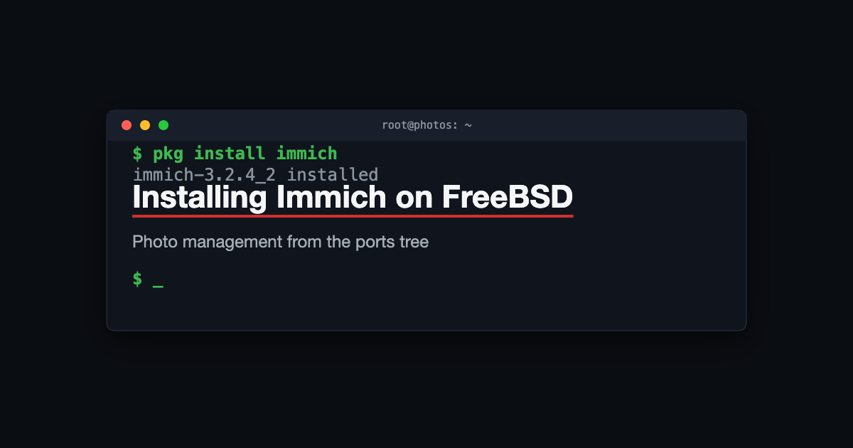 Terminal cover showing the command pkg install immich